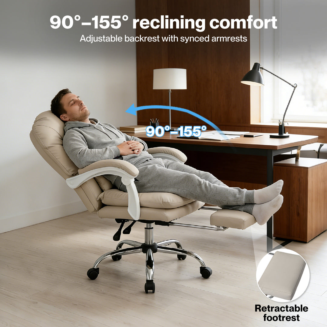 Executive Office Chair Footrest PU Leather Tilt Gaming Work Seat Beige