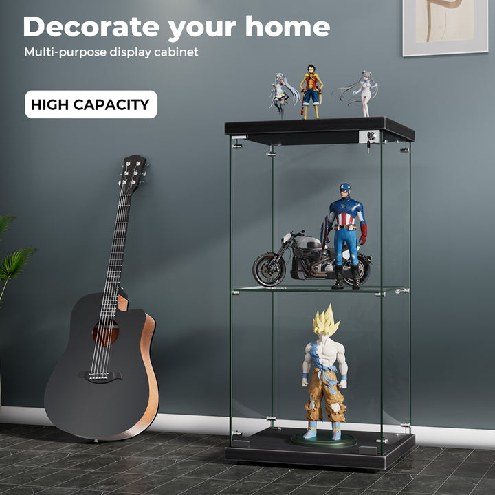 Display Cabinet Collection Storage Tempered Glass 2 Tier With Lock Black