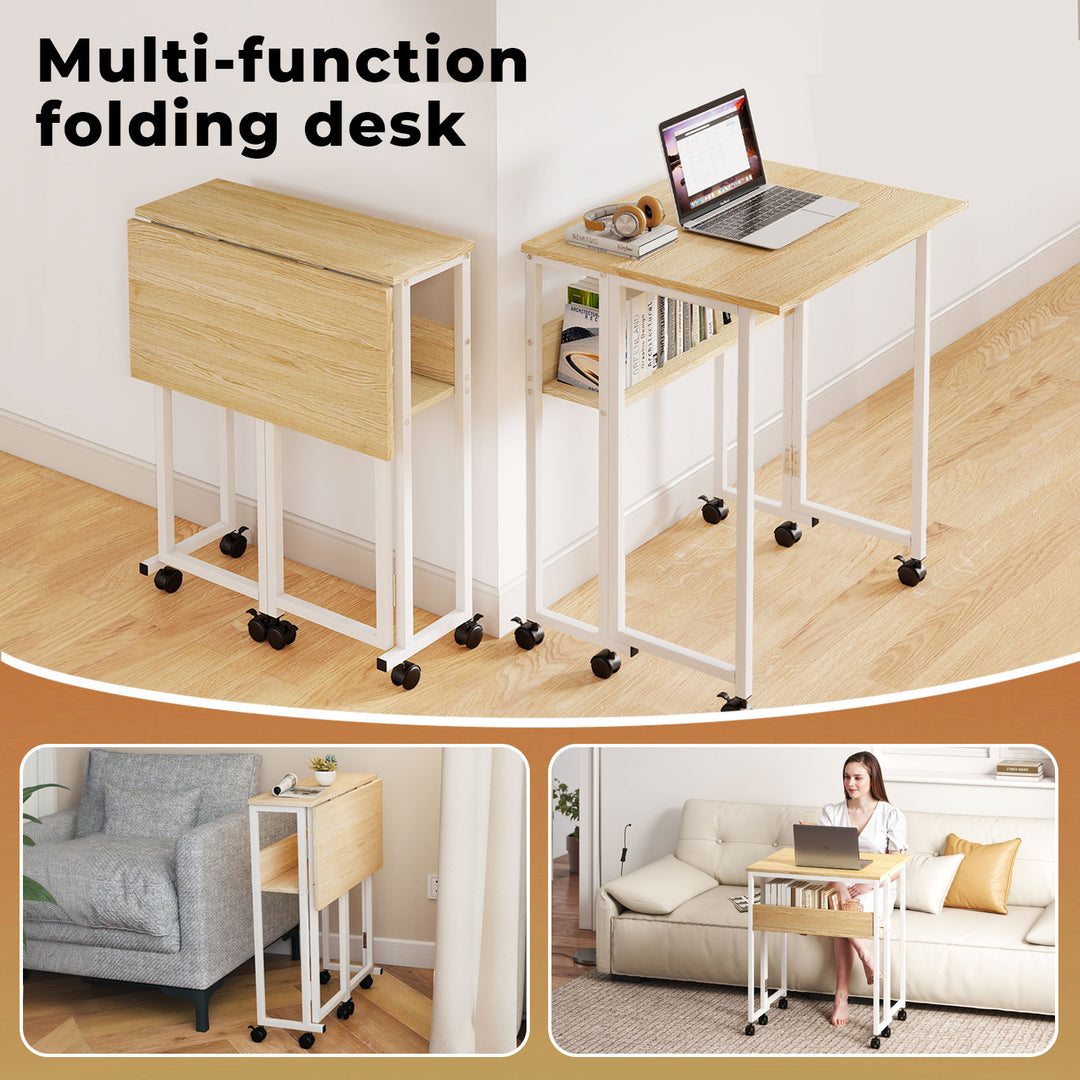 Foldable Computer Desk with Shelf Wheels for Small Space Home Office