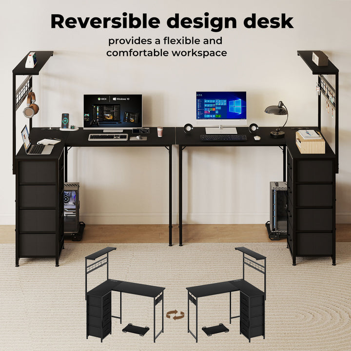 Computer Desk Convertible L-shaped Study Table Metal Frame with Drawers