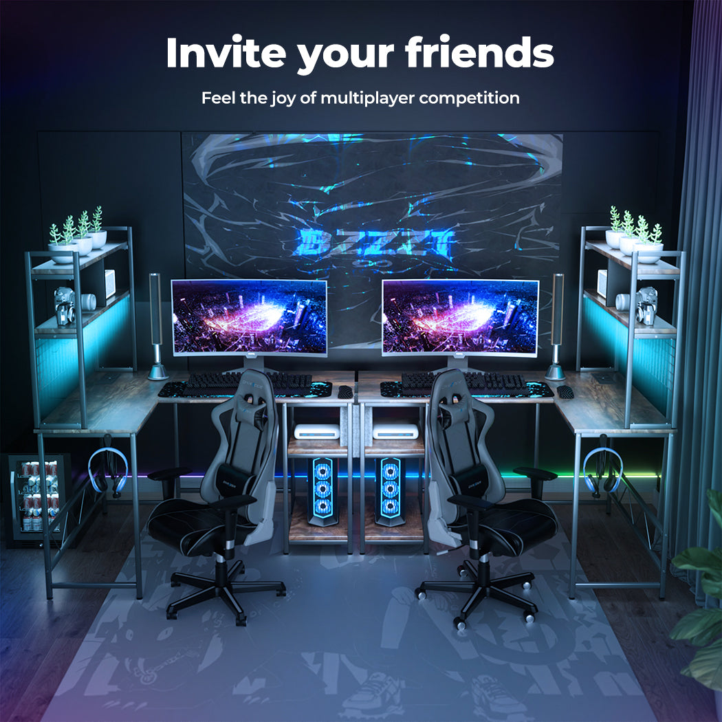 L Shaped Gaming Desk with LED Lights Brown