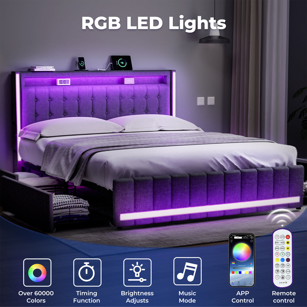 Levede Double Solid Bed Frame Headboard RGB LED Lights 4 Drawer USB Charge