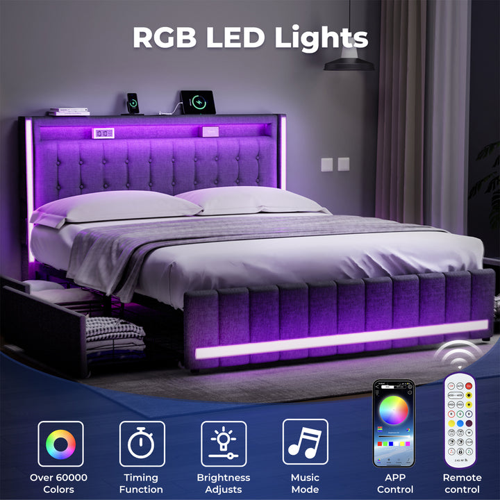 Levede Double Solid Bed Frame Headboard RGB LED Lights 4 Drawer USB Charge