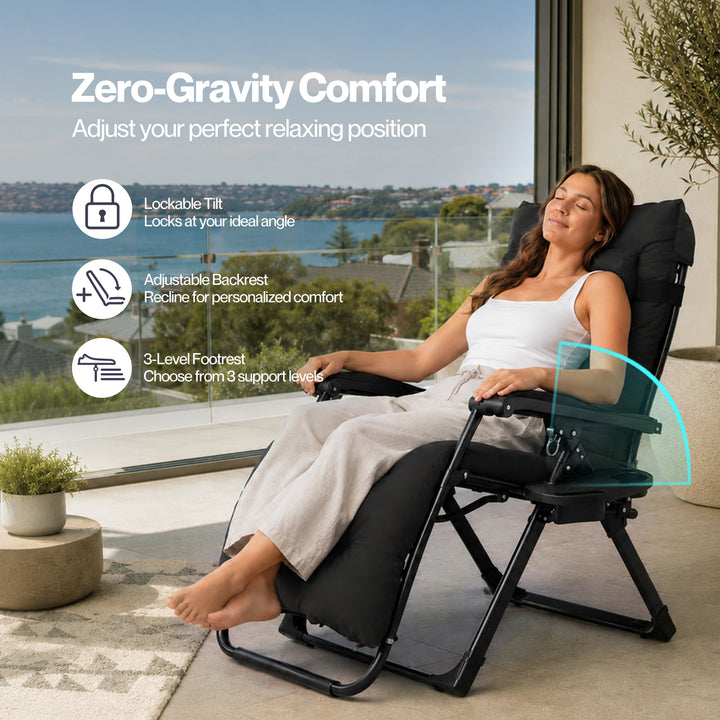Zero Gravity Chair Lounge Lockable Outdoor Recline Cushion Tray Black