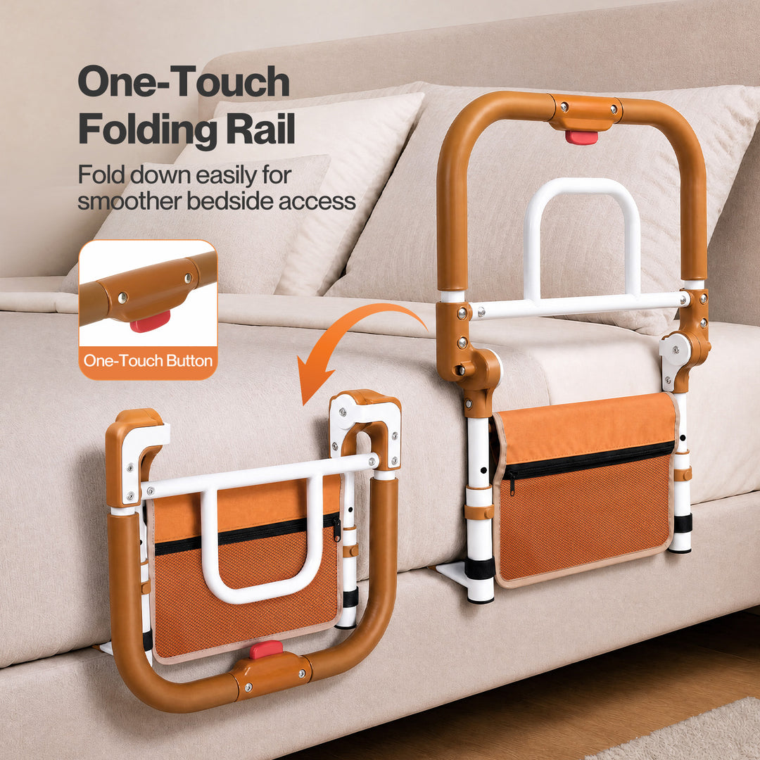 Bed Rail Foldable 2 Handle Adjustable Height Non-Slip Grip Orange
