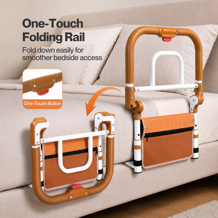 Bed Rail Foldable 2 Handle Adjustable Height Non-Slip Grip Orange