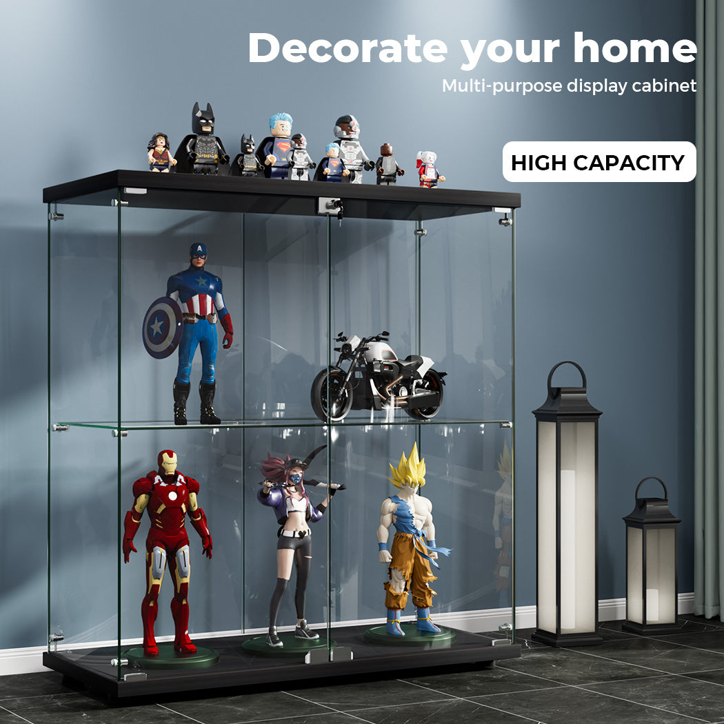 Stacked Glass Display Cabinet Lockable Collections Storage 2 Tier Shelf 2 Door