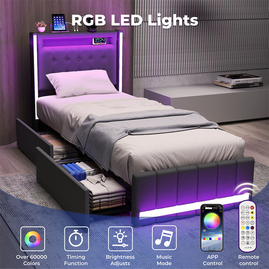 Bed Frame RGB LED Headboard with Drawers