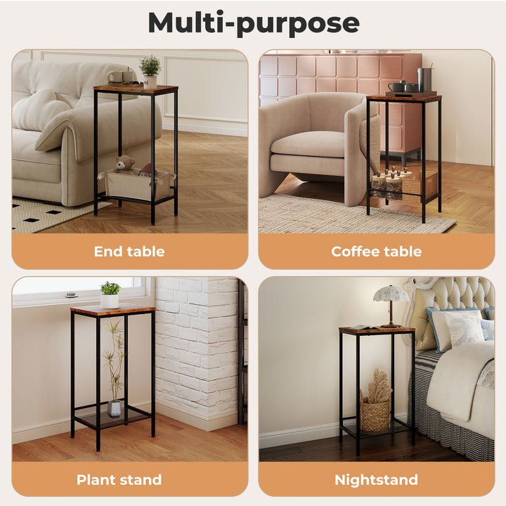 Industrial Side Table 2-Tier Shelf End Table for Small Space Retro Brown