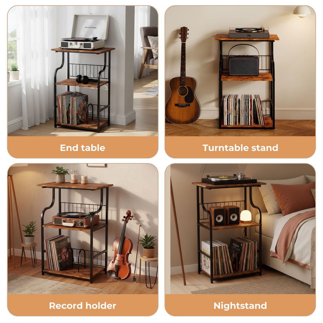 Side Table 3-Tier Storage Shelf Modern Wood Record Player Table Brown