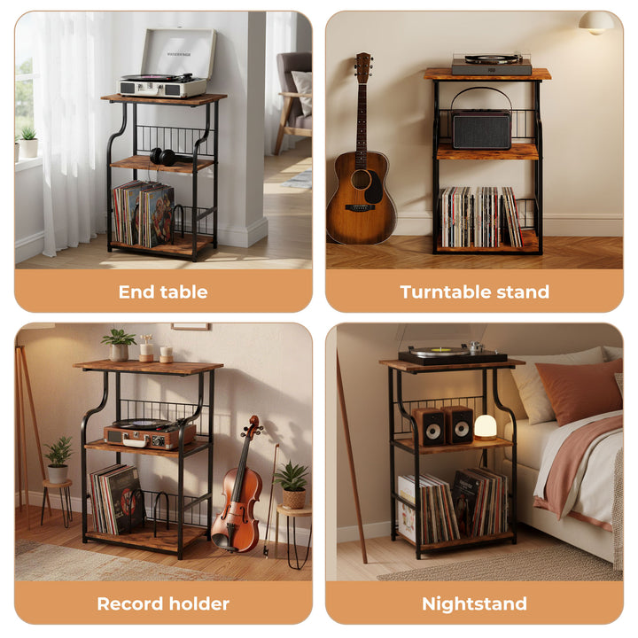Side Table 3-Tier Storage Shelf Modern Wood Record Player Table Brown