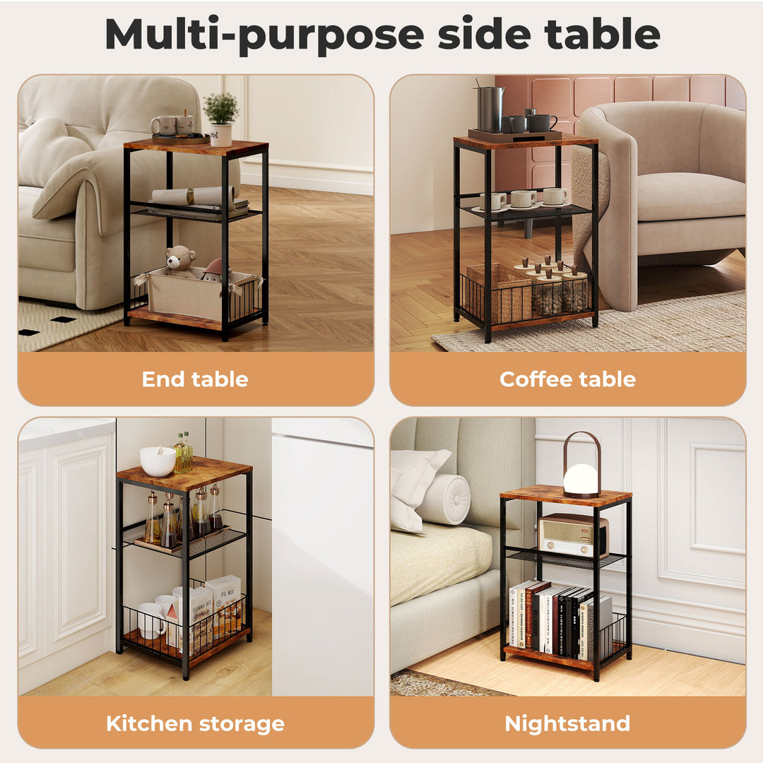 Side Table Bedside End Table 3 Tier Metal Wood Storage Vintage Brown