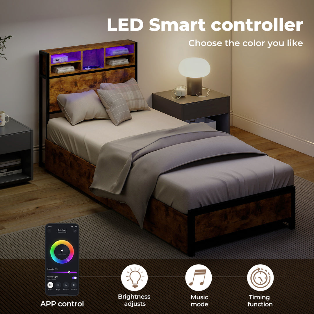 Bed Frame Storage Headboard Drawers RGB LED USB Charge Industrial