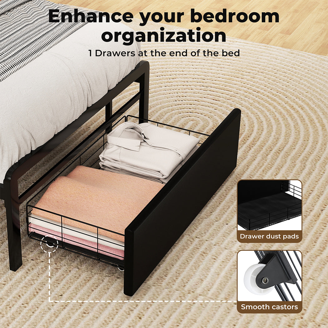 Metal Bed Frame Drawer PU Upholstered Headboard Under Storage