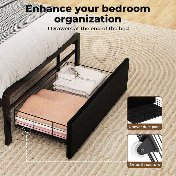 Metal Bed Frame Drawer PU Upholstered Headboard Under Storage