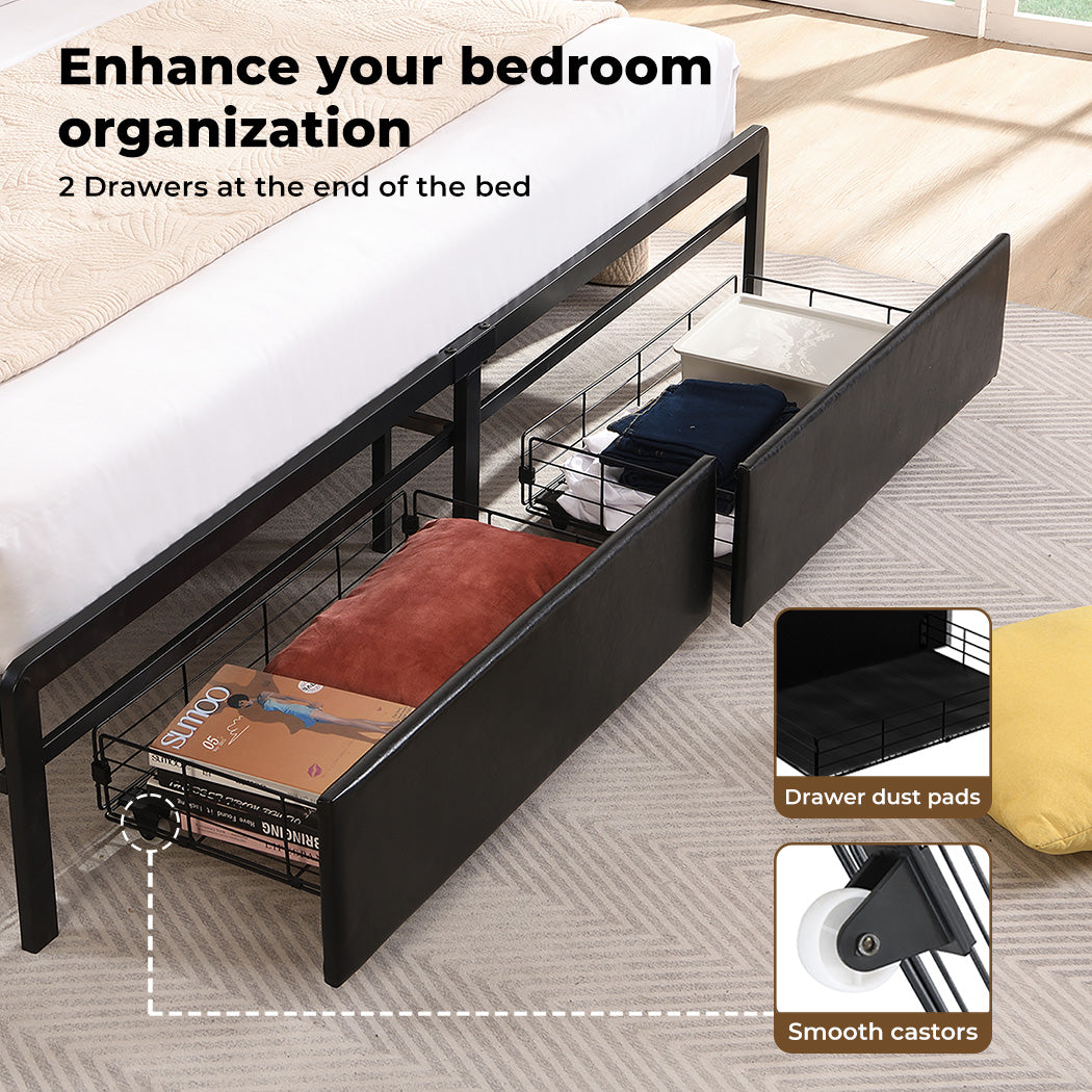 Metal Bed Frame Drawer PU Upholstered Headboard Under Storage