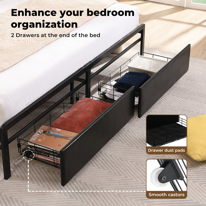 Metal Bed Frame Drawer PU Upholstered Headboard Under Storage