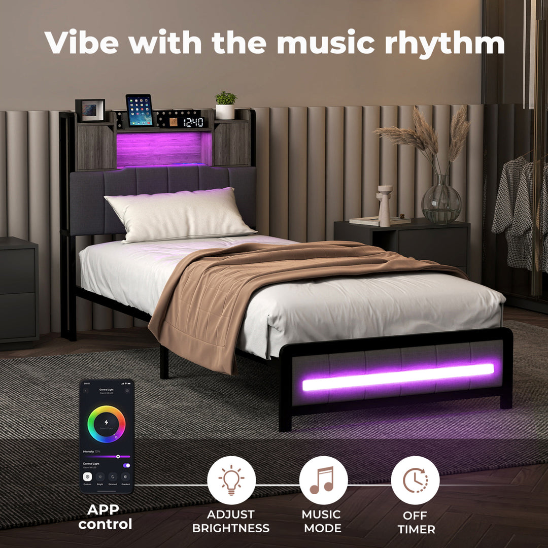 Bed Frame Linen Upholstered Storage Headboard LED Charging 2 Ports