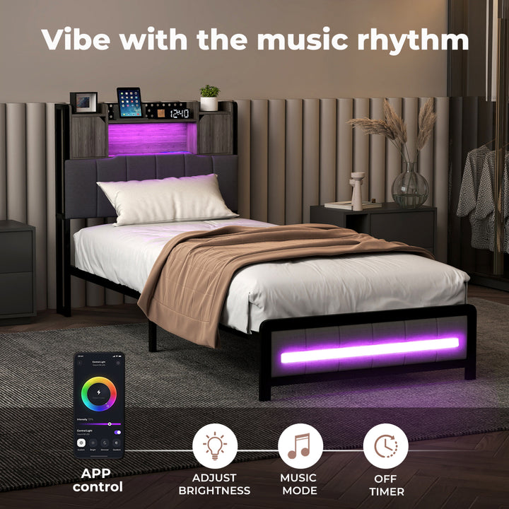 Bed Frame Linen Upholstered Storage Headboard LED Charging 2 Ports