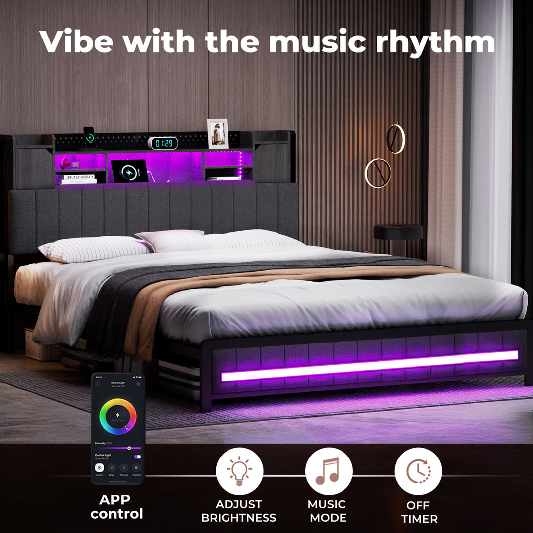 Bed Frame Linen Upholstered Storage Headboard LED Charging 2 Ports