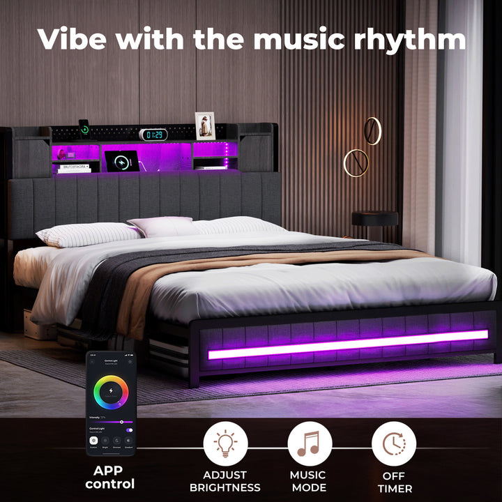 Bed Frame Linen Upholstered Storage Headboard LED Charging 2 Ports