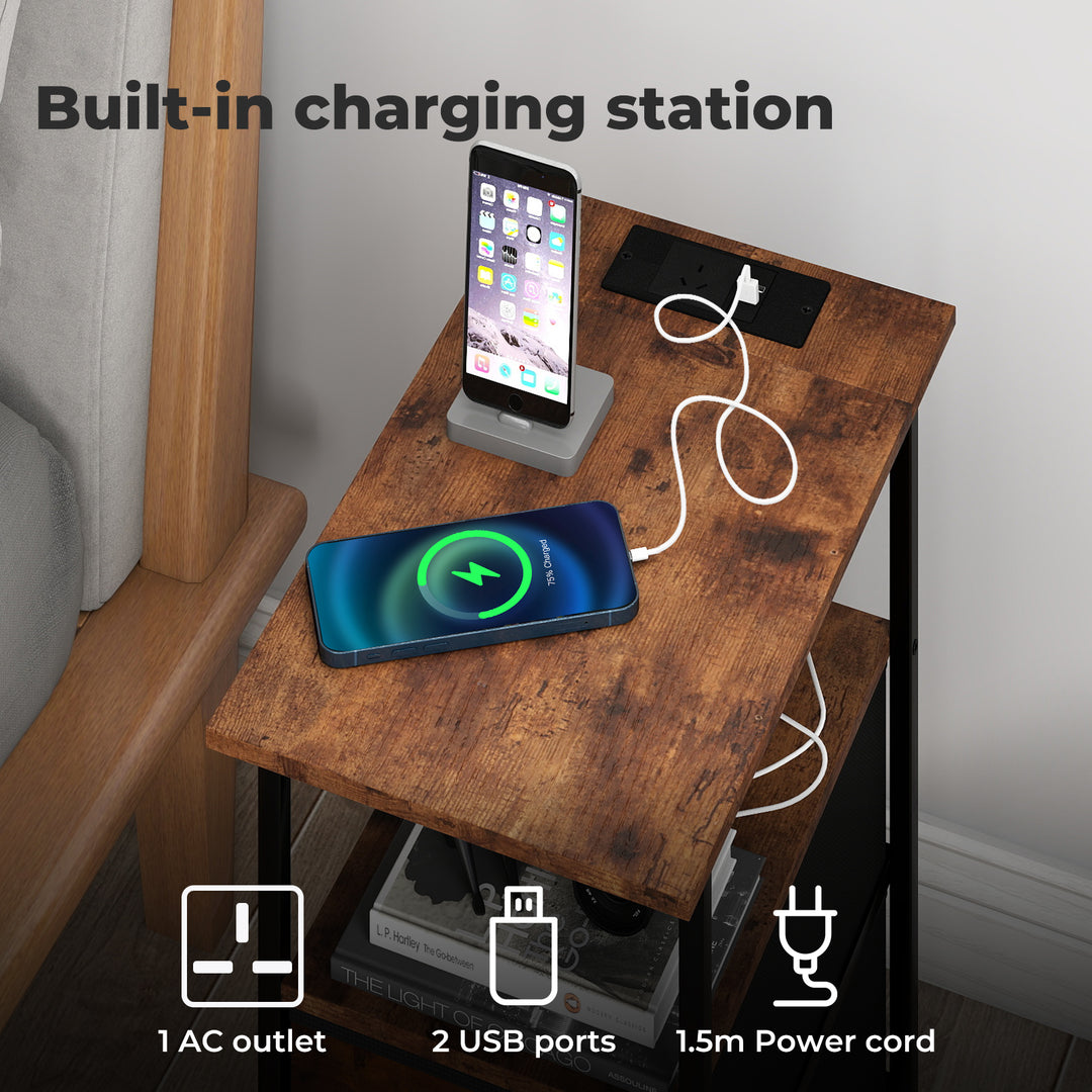 Bedside Table Side Table Storage Cabinet USB Charge Table 2 Drawers Brown