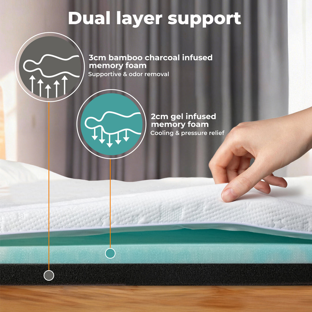 Memory Foam Mattress Topper Dual-Layer Gel Bamboo Cover Washable