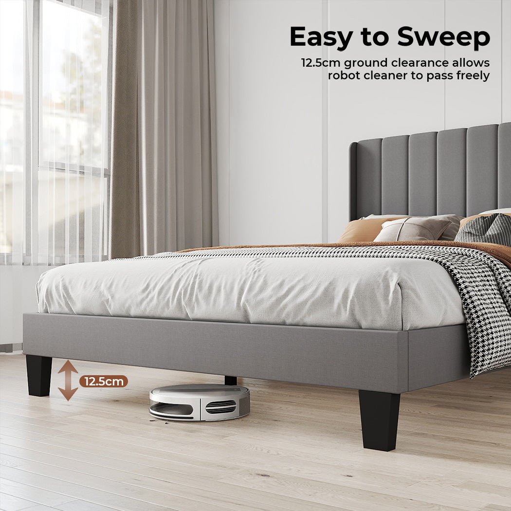 Metal Wooden Bed Frame Queen Panel Plush Upholstered Soft Headboard Grey