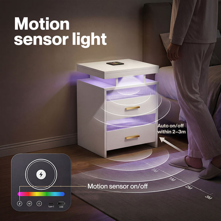 Smart Bedside Table Motion Sensor Charging Modern Nightstand RGB Bedroom