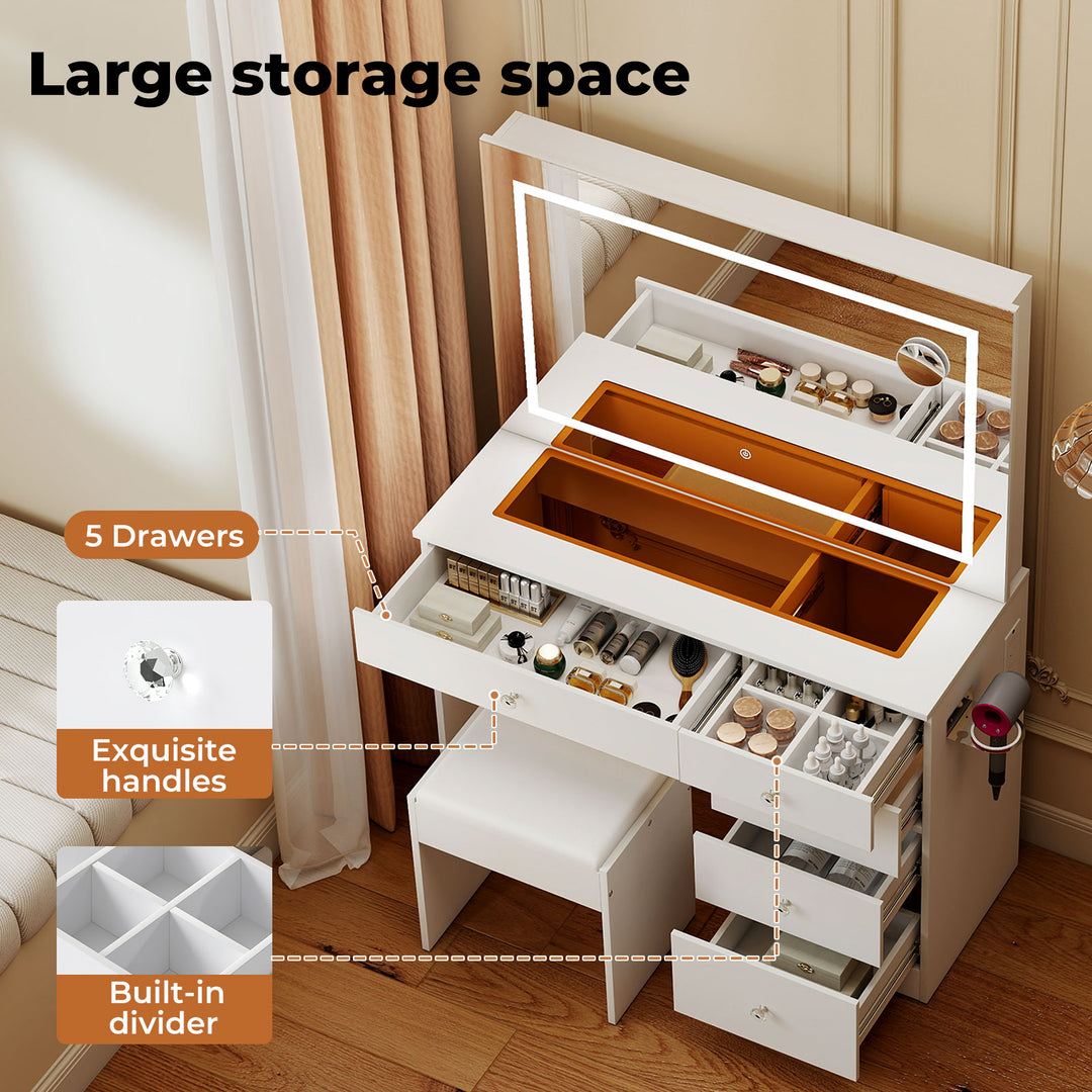 Dressing Table LED Makeup Mirror Stool Set Vanity Desk 5 Storage Drawer
