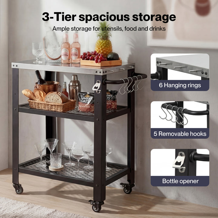 Outdoor Kitchen Cart Mobile BBQ Grill Trolley Stainless Steel Prep Table