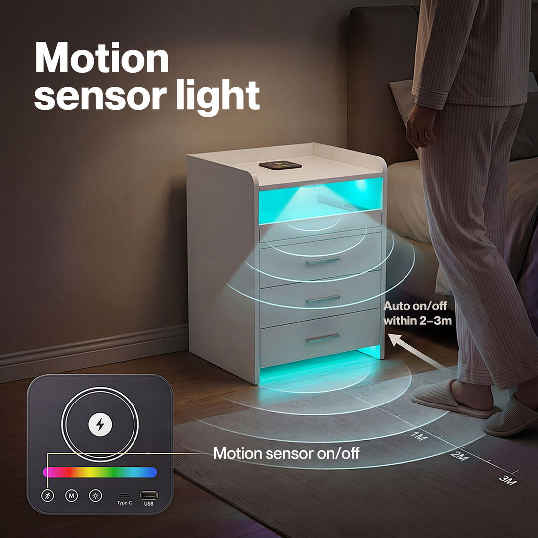 Smart Bedside Table USB Wireless Charging Motion Sensor Light Nightstand