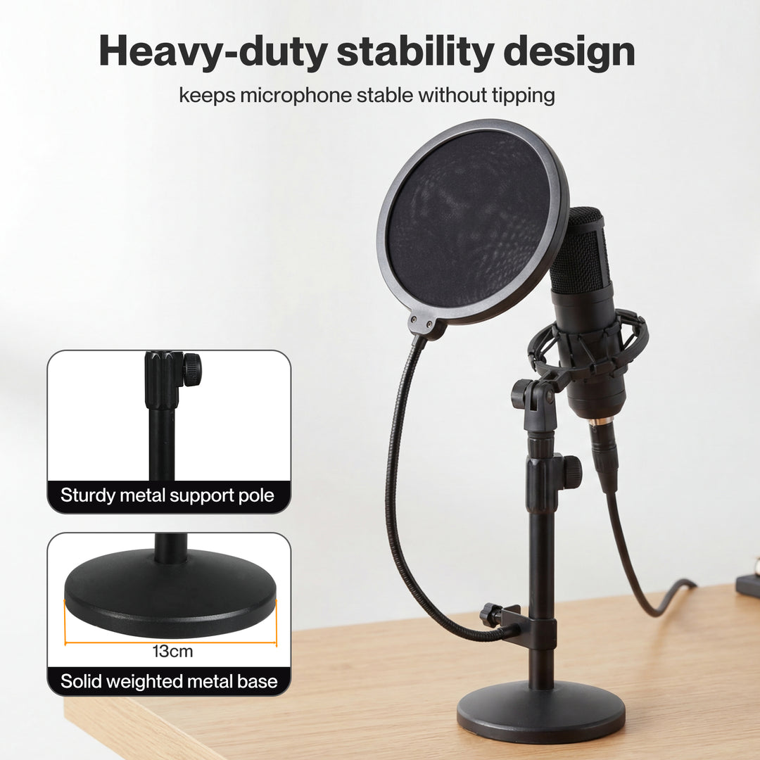 Desktop Microphone Stand Adjustable Pop Filter Shock Mount Base Kit Black
