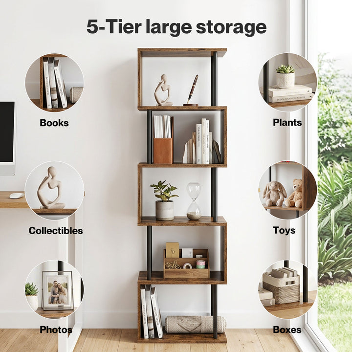 Bookshelf 5 Tier Display Shelf Bookcase Storage Rack S-Shaped Anti-Tip