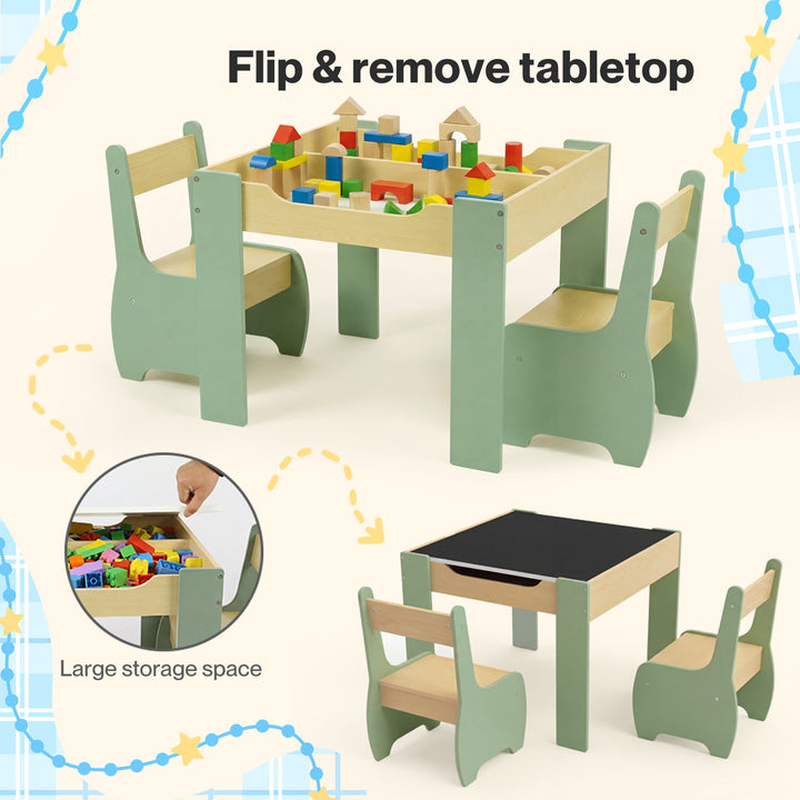 Kids Table and Chairs Set 3-in-1 Chalkboard Storage Learning Dining Desk