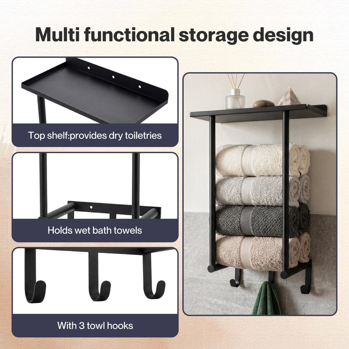 Wall Mounted Towel Rack Towel Holder 3 Hooks Bathroom Towel Storage