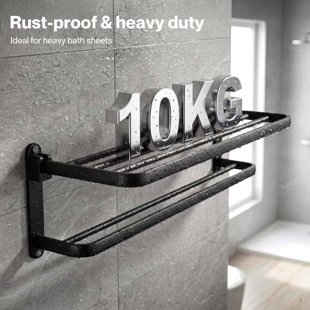 Towel Rack Bathroom 2 Bars Rail Holder Wall Mounted Storage Shelf Black
