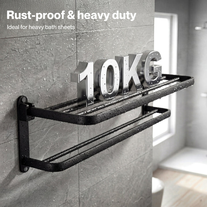 Towel Rack Bathroom 2 Bars Rail Holder Wall Mounted Storage Shelf Black