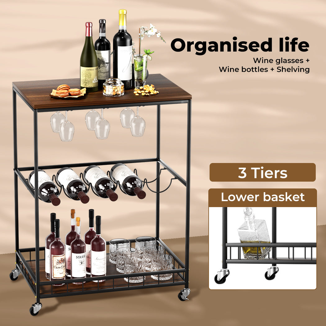 Vintage Bar Cart Wooden Drinks Serving Trolley Mobile Wine Rack Party