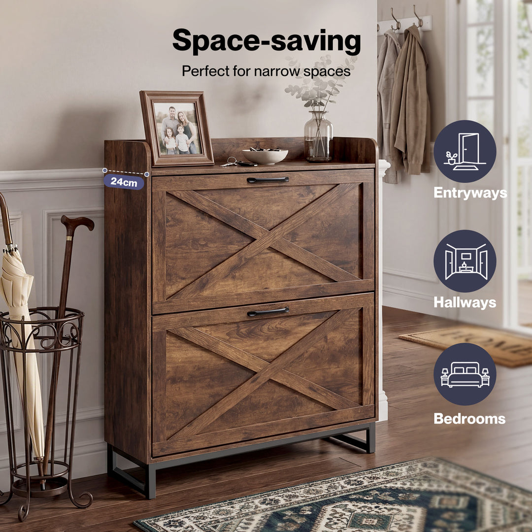 Shoe Cabinet 2 Flip Drawers Storage Organiser Removable Shelf Hallway