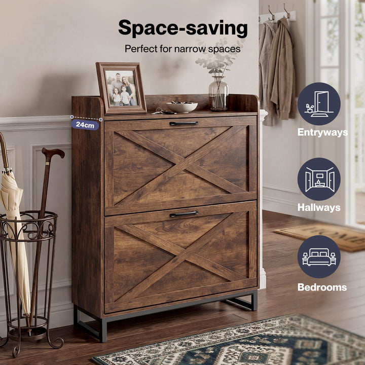 Shoe Cabinet 2 Flip Drawers Storage Organiser Removable Shelf Hallway