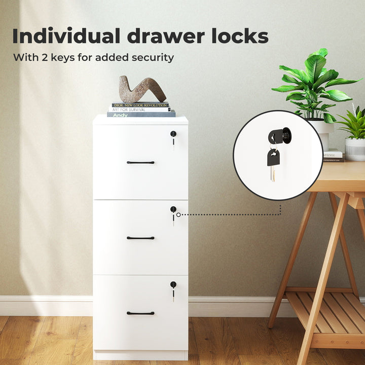 File Cabinet 3 Lockable Drawers Modern Filing Storage Home Office White