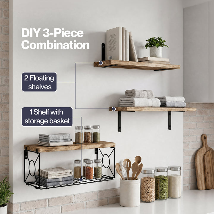Floating Wall Shelf 3 Pcs DIY Wall Mount Shelves Book Display Rack Basket