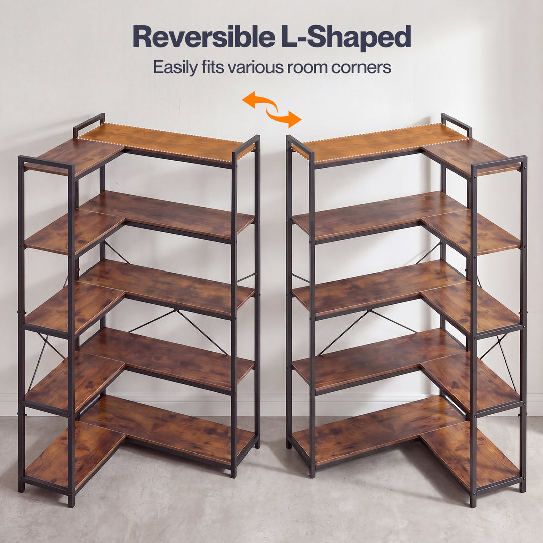 Corner Bookshelf 5 Tier Bookcase L Shape Storage Shelf Display Rack Brown