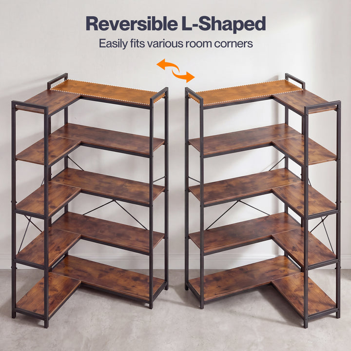 Corner Bookshelf 5 Tier Bookcase L Shape Storage Shelf Display Rack Brown
