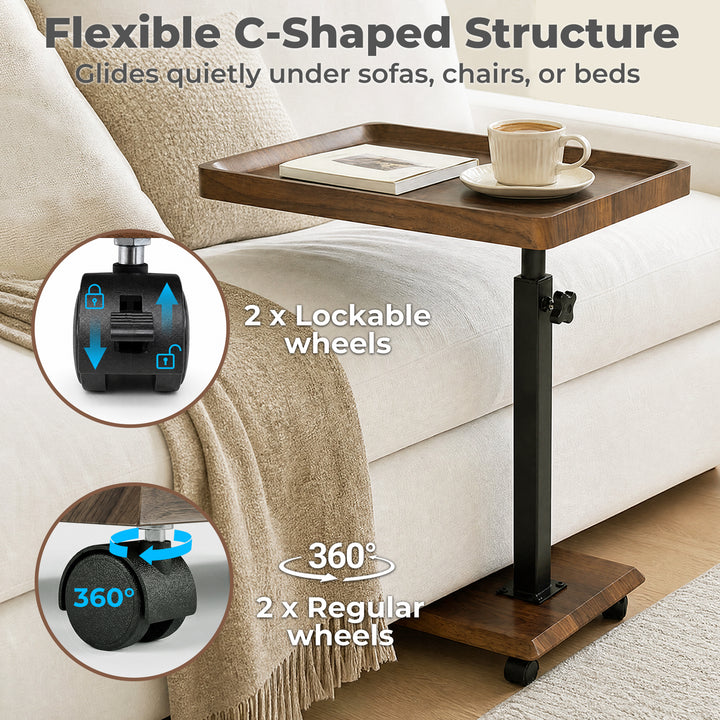 C Shaped Side Table Height Adjustable Rolling 360° Swivel Top End Table