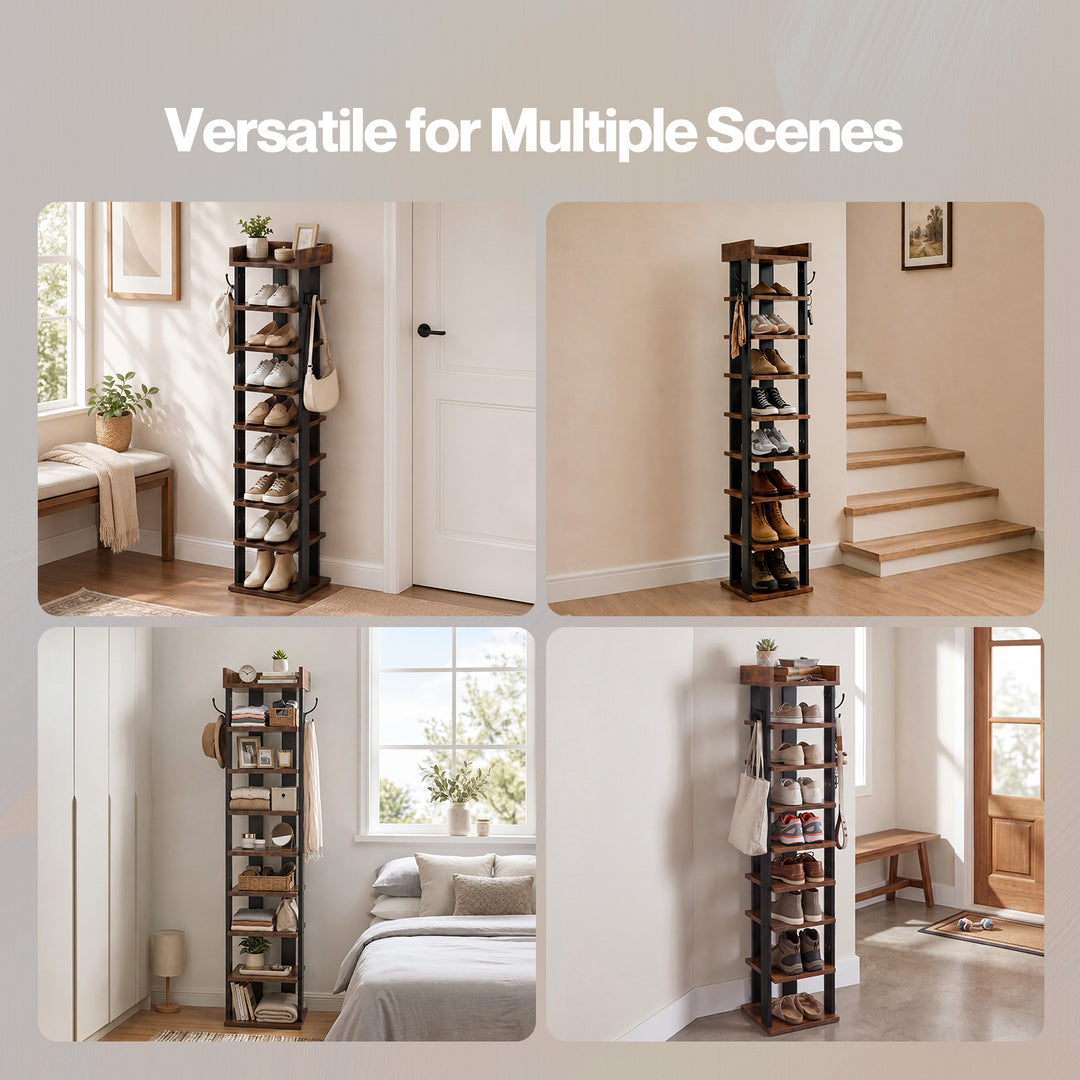 Narrow Shoe Rack Vertical 9-Tier Shoe Storage Organiser Shelf Side Hooks