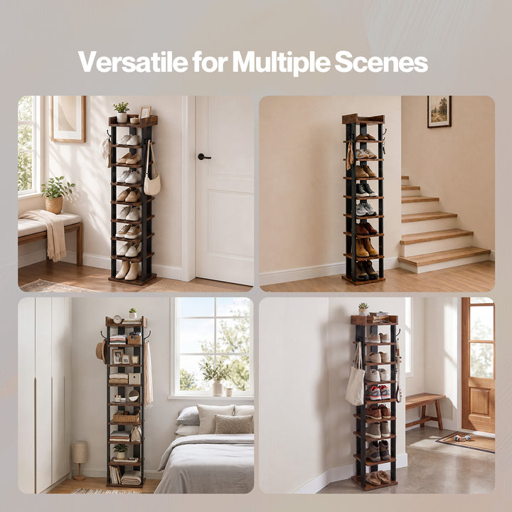 Narrow Shoe Rack Vertical 9-Tier Shoe Storage Organiser Shelf Side Hooks