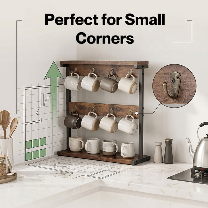 Mug Rack 8 Hook Storage Holder Stand Kitchen Counter Cup Organizer Rustic
