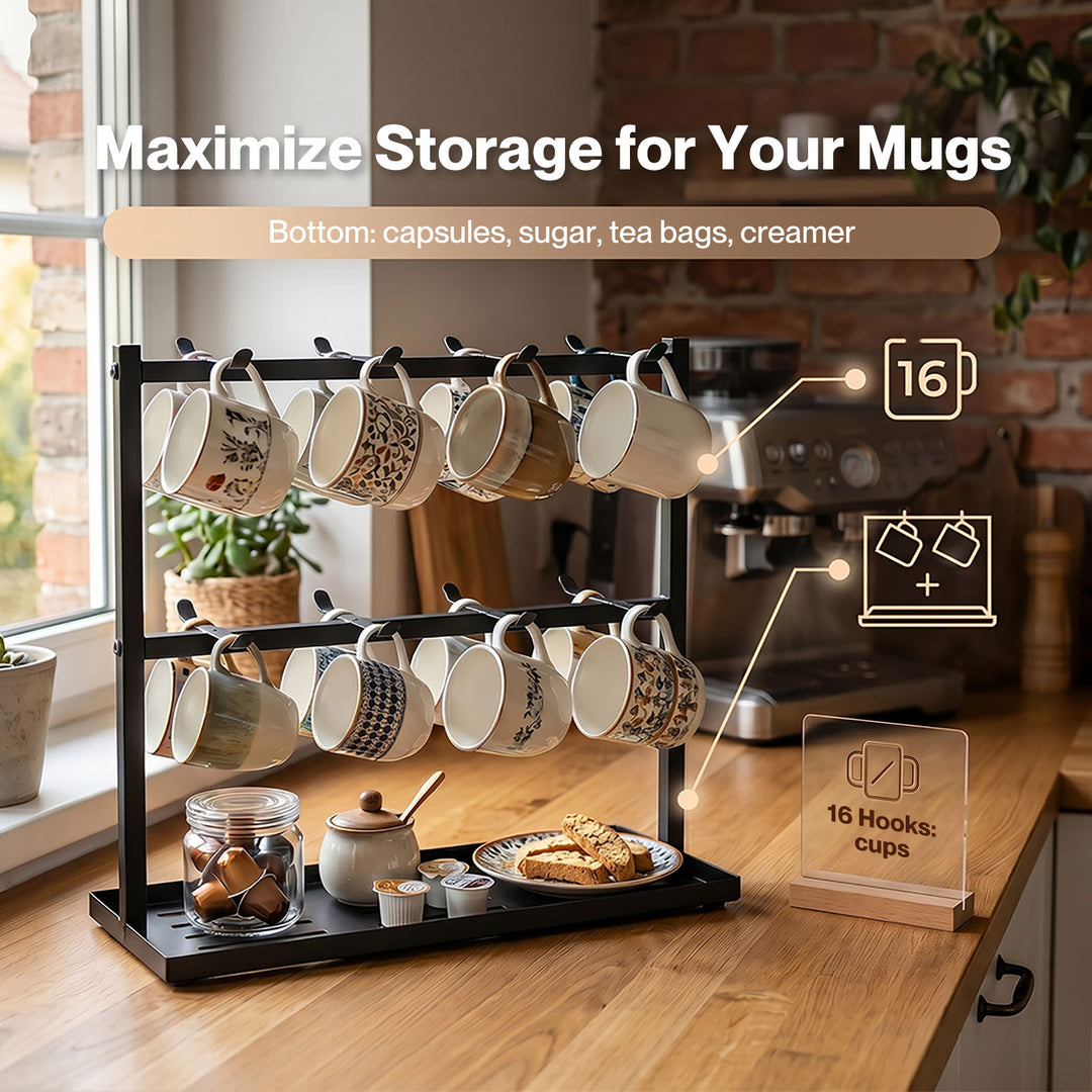 Mug Rack 2 Tier 16 Hook Metal Coffee Cup Holder Stand Organizer Kitchen